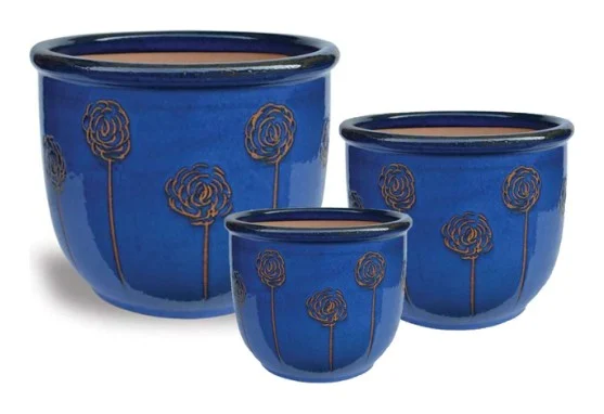 3-Piece Blue Earthenware Decorative Pot Set complete set