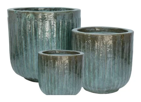 3-Piece Green Earthenware Decorative Pot Set — Complete Set 3-Piece Green Earthenware Decorative Pot Set complete set