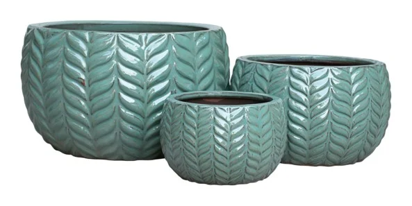 3-Piece Green Earthenware Decorative Pot Set — Complete Set 3-Piece Green Earthenware Decorative Pot Set complete set