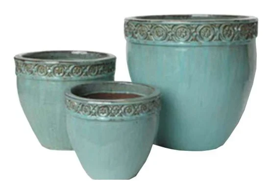 3-Piece Green Earthenware Decorative Pot Set complete set