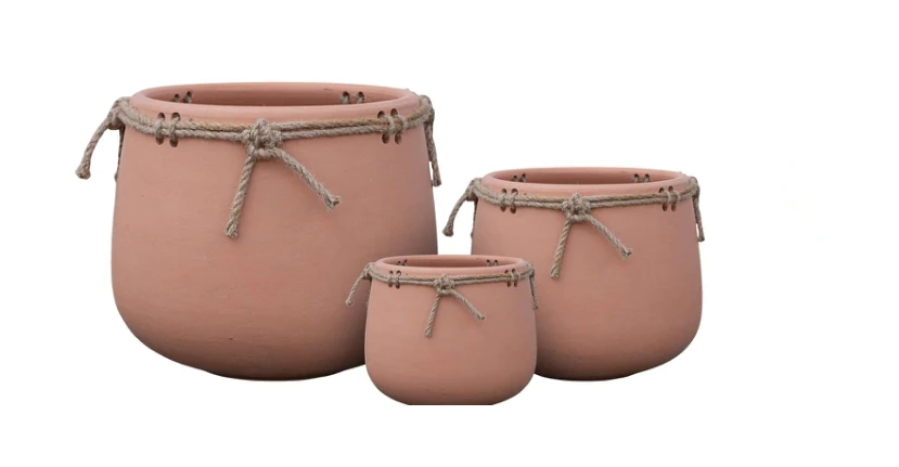3-Piece Rope-Detail Terracotta Decorative Pot Set — Complete Set 3-Piece Rope-Detail Terracotta Decorative Pot Set complete set