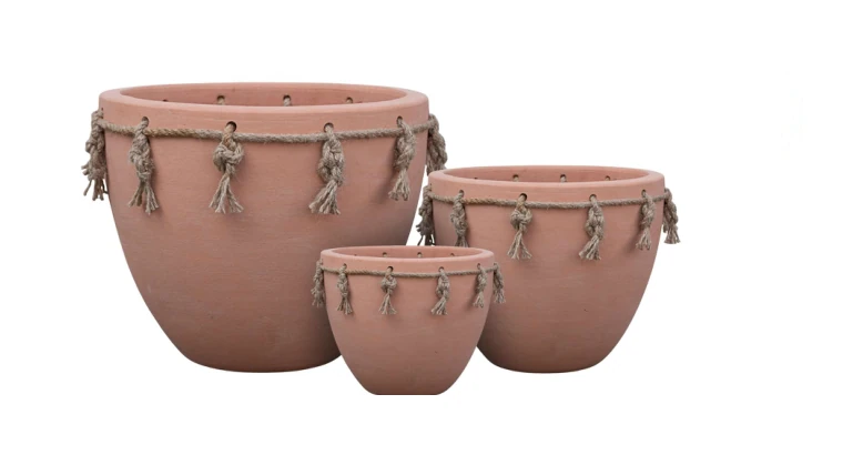 3-Piece Rope-Detail Terracotta Decorative Pot Set — Complete Set 3-Piece Rope-Detail Terracotta Decorative Pot Set complete set