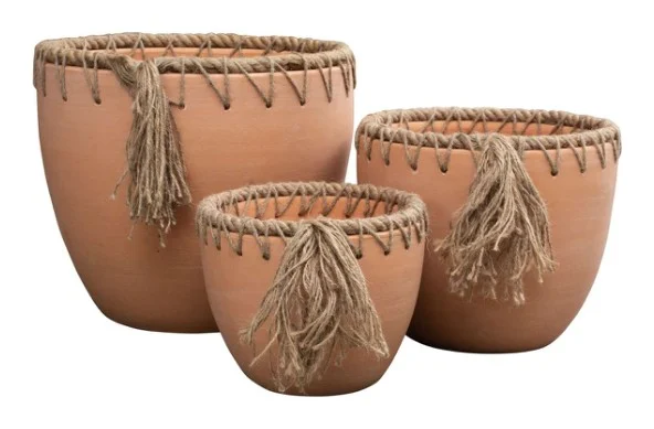 3-Piece Rope-Detail Terracotta Decorative Pot Set — Complete Set 3-Piece Rope-Detail Terracotta Decorative Pot Set complete set