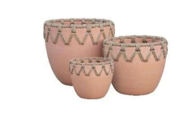 3-Piece Rope-Detail Terracotta Decorative Pot Set — Complete Set 3-Piece Rope-Detail Terracotta Decorative Pot Set complete set