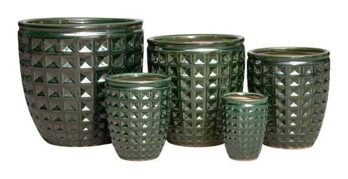 5-Piece Green Earthenware Decorative Pot Set — Complete Set 5-Piece Green Earthenware Decorative Pot Set complete set