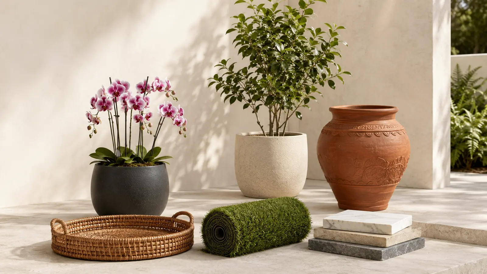 A curated ONZKO collection featuring artificial orchids, a feature plant, terracotta pottery, a woven decorative tray, artificial turf and surface samples.