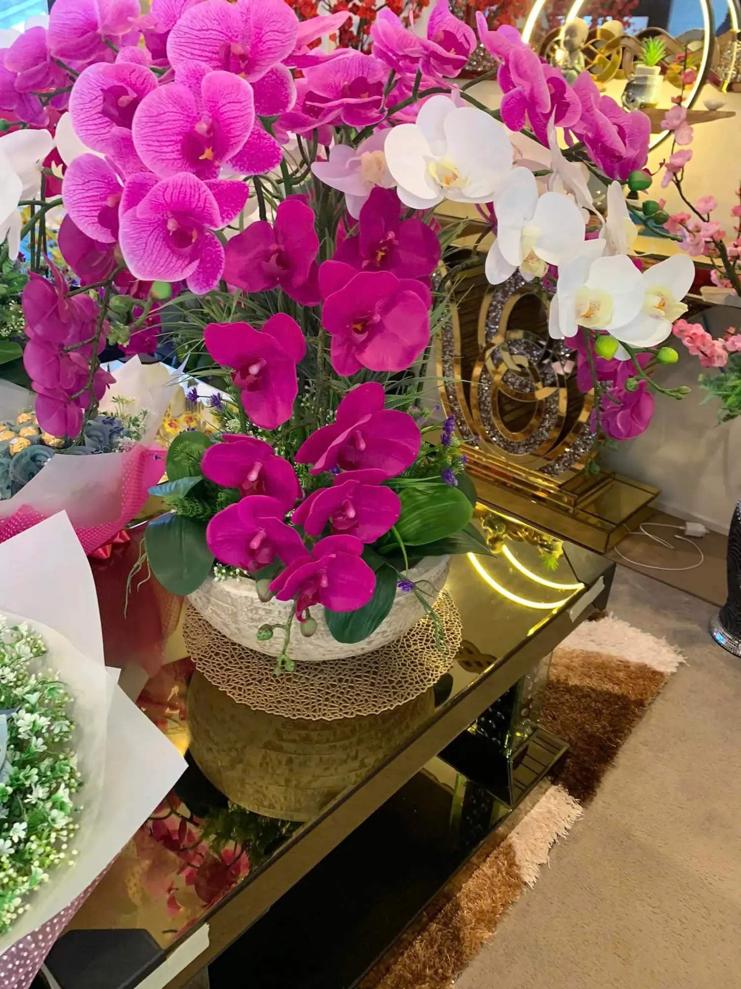 valencia-magenta-white-artificial-orchid-bowl-arrangement-oz-p-003392-01 Valencia Magenta & White Artificial Orchid Bowl Arrangement - Image 1